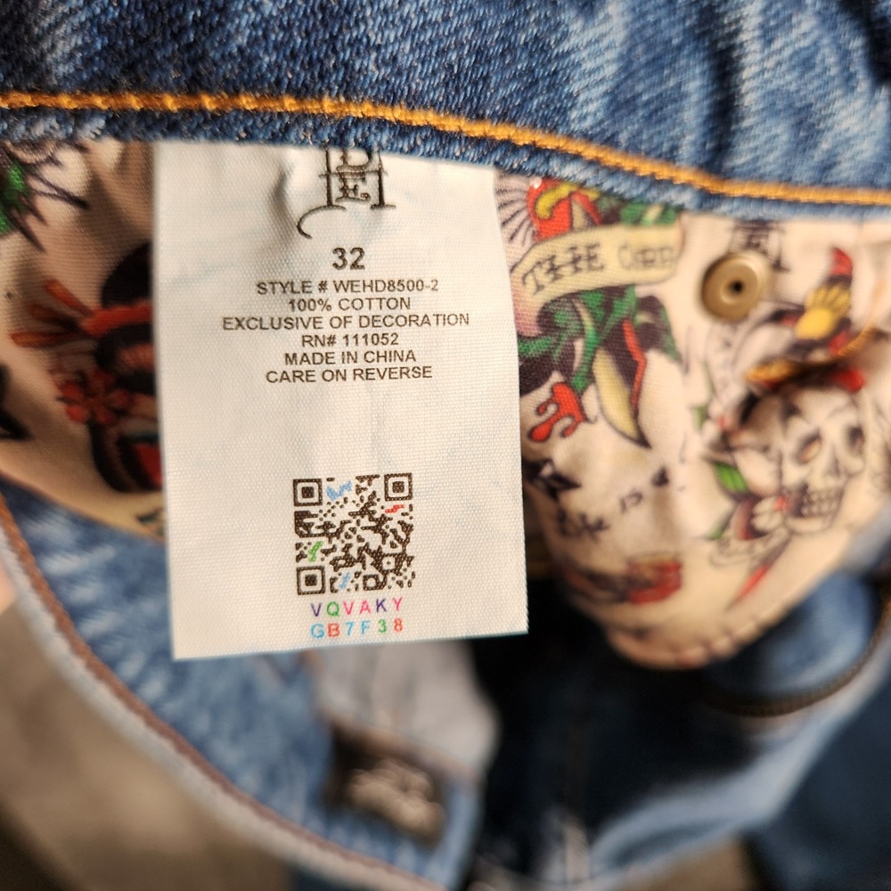 ED HARDY Women's Size 32 Blue Wide Leg Jeans Tattoo Print Embellished WEHD8500-2 - Picture 11 of 15